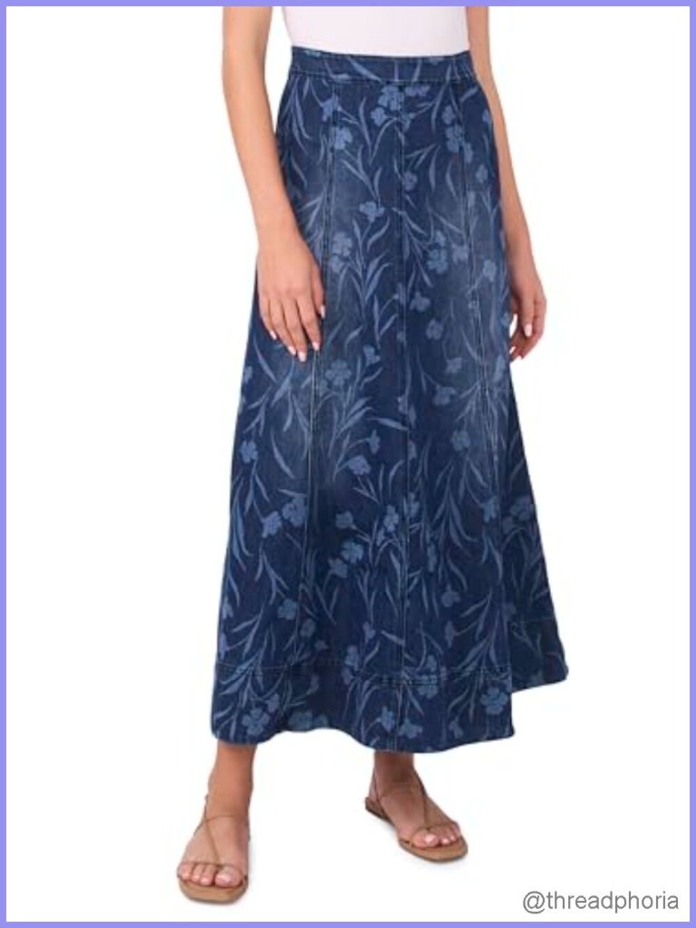 Floral Seamed Maxi Denim Skirt Full Silhouette Wear to Work
